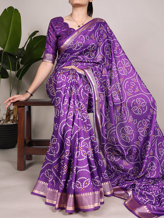Purple Color Printed Tussar Silk With Viscose Border Saree