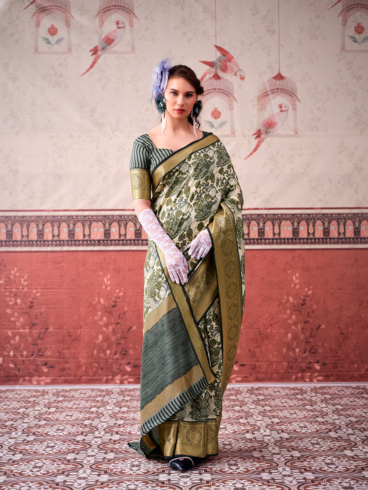 Mehendi Color Printed With Viscose Border Tasar Silk Saree