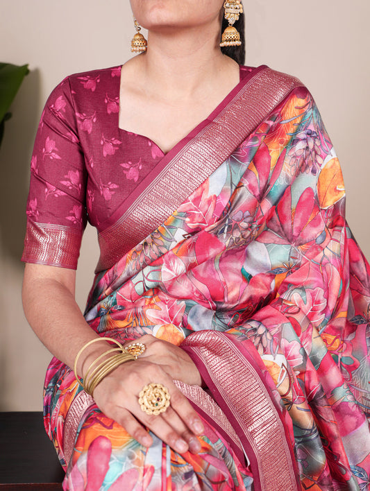 Multi Color Printed Tussar Silk With Viscose Border Saree