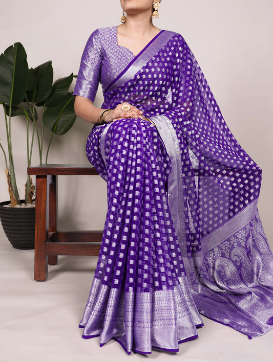 Purple Color Zari Weaving Work (Viscose Border) Nylon Georgette Saree