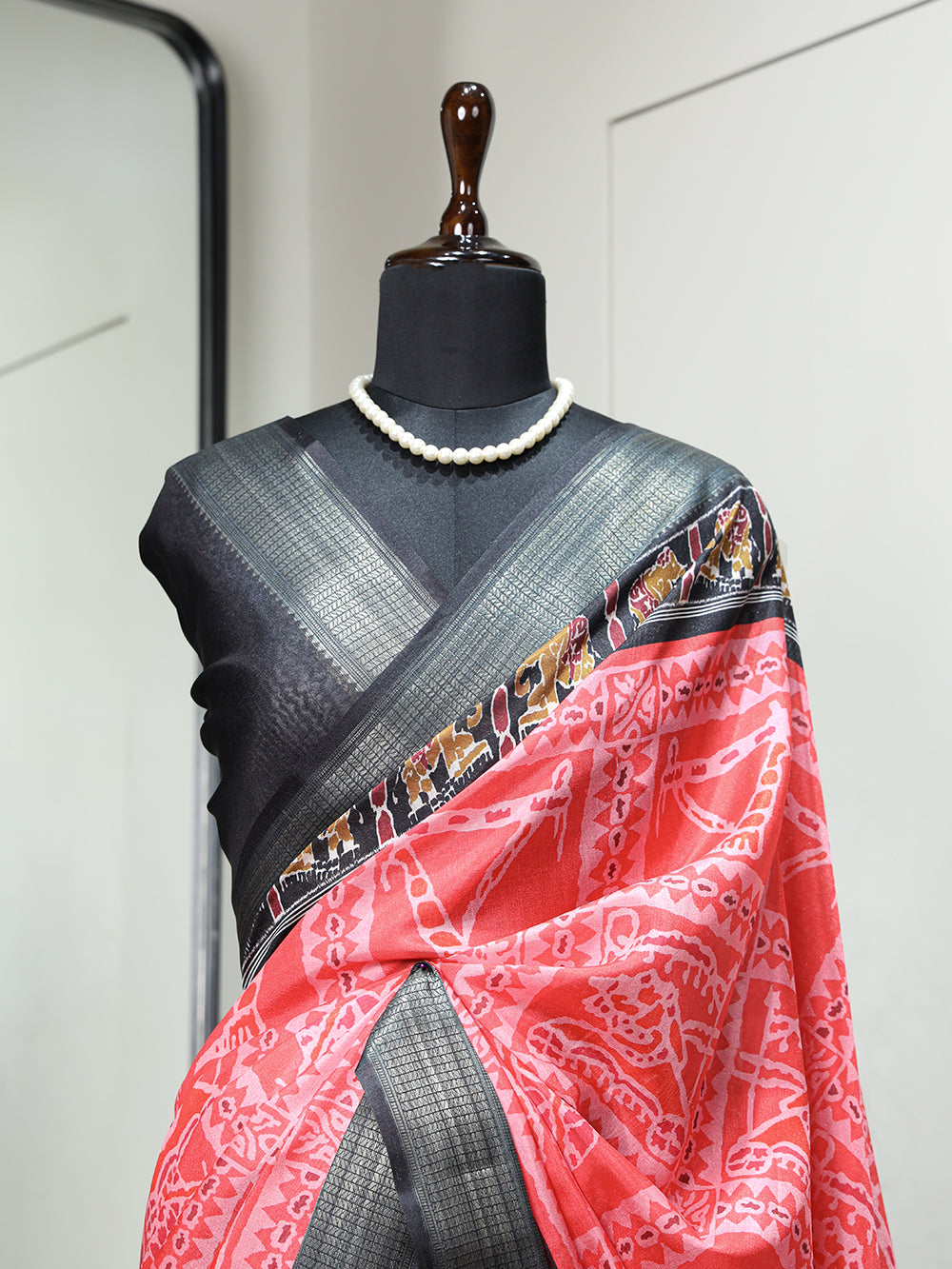 Salmon Color Printed With Zari Border Dola Silk Festive Wear Saree