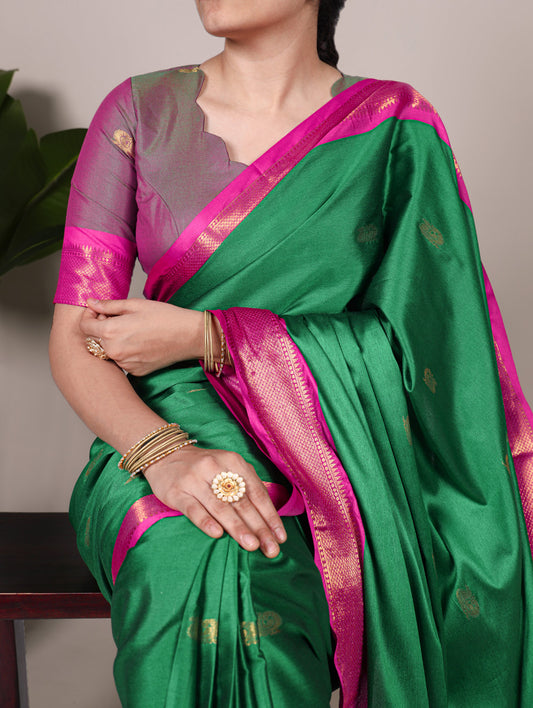 Green Color Weaving Work With Paithani Concept Cotton Silk Saree
