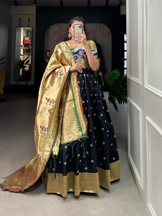 Black Color Zari Weaving Work Jacquard Silk (Paithani) Dress