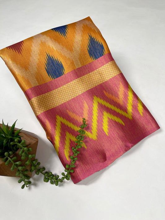 Mustard Color Printed Zari Satin (Satin Gota) Saree