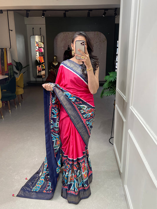 Pink Color Patola Print And Foil Work Dola Silk Saree