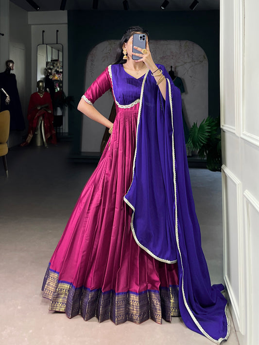 Pink Color Zari Weaving Work Lace Touch Up Aura Silk Gown