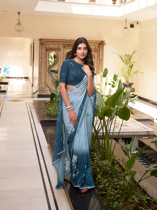 Bottle Green Color Floral Printed With Weightless Marbal saree