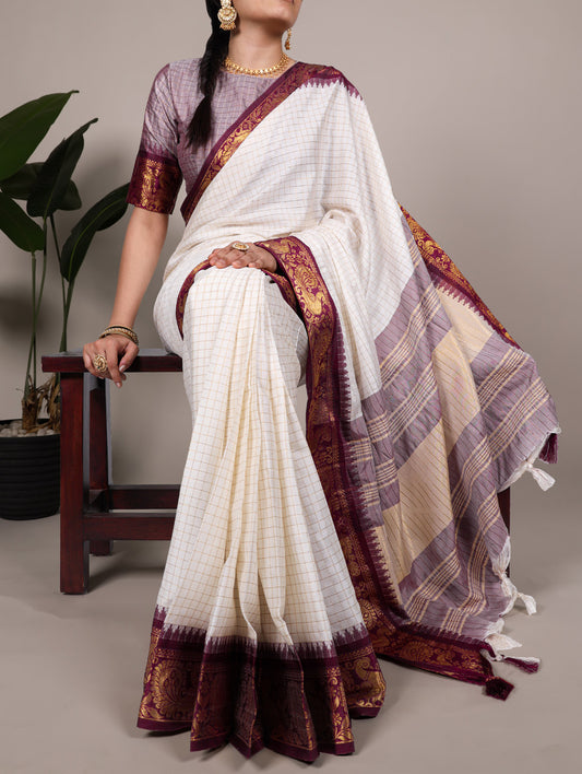 Brown Color Chex With Zari Weaving Work Poly Cotton Saree