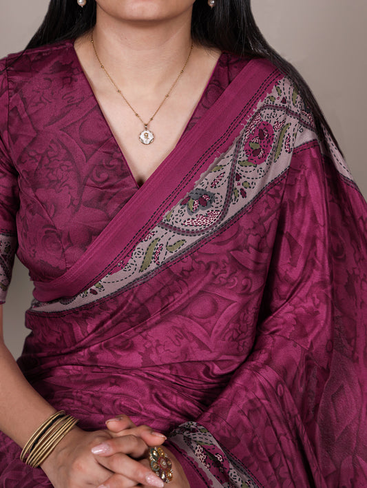 Megenta Pink Color Printed Crepe Saree