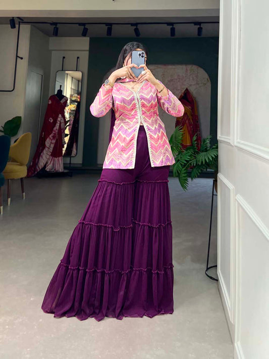 Purple Color Weaving Work With Position Print Viscose Jacquard Silk Kurti Plaza Set