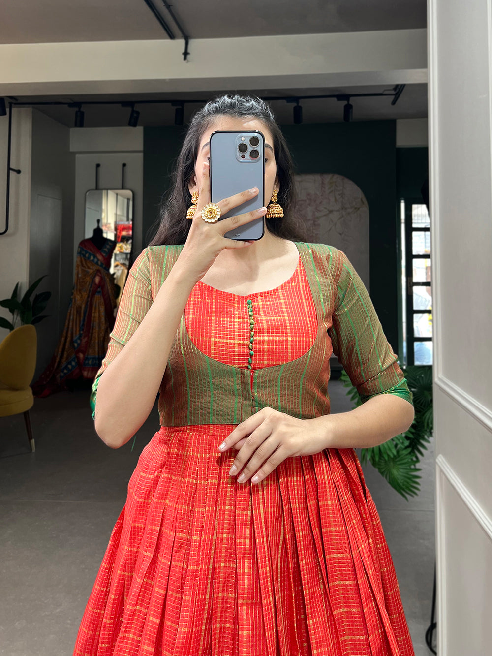 Red Color Zari Weaving Work Zari Chex South Indian Dress