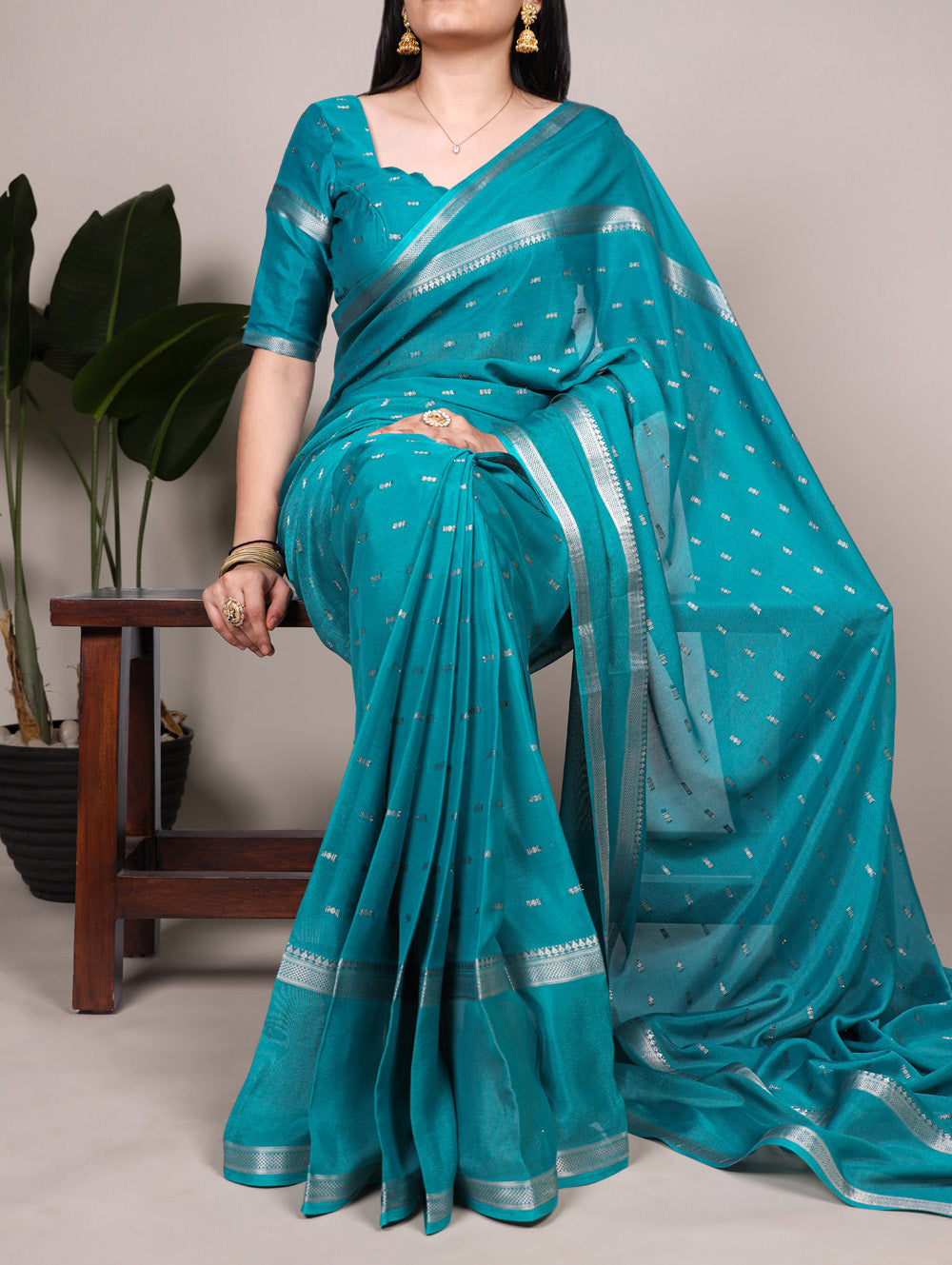 Firozi Color Weaving Work Crepe Saree