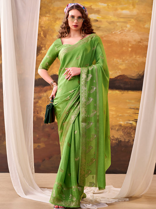 Parrot Color Weaving Work Crepe Saree