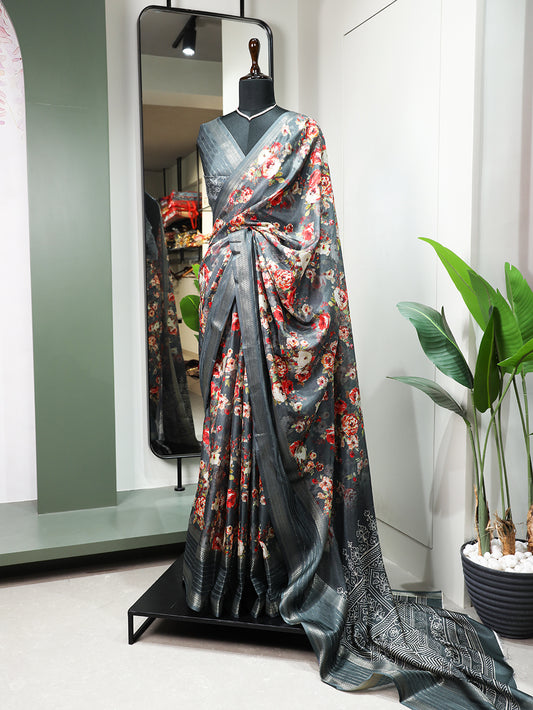 Grey Color Printed With Sequins And Zari Work Border Dola Silk Saree