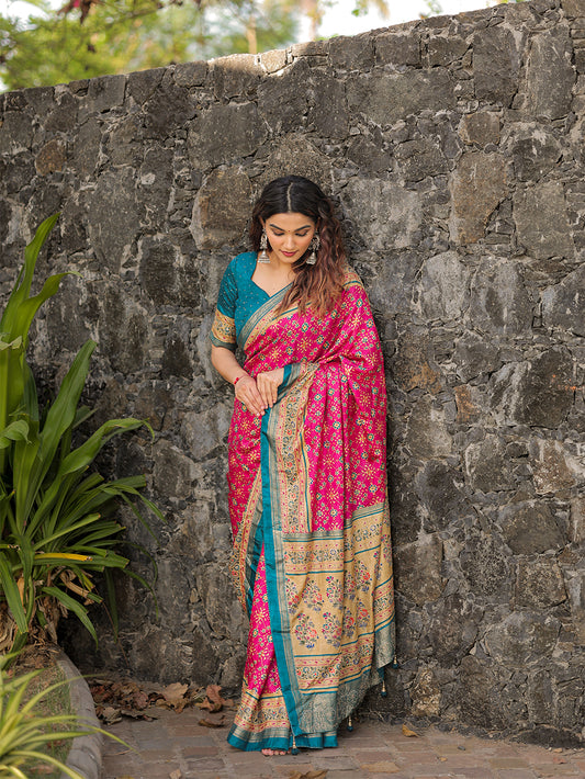 Pink Color Foil Printed And Stone Work Dola Silk Saree