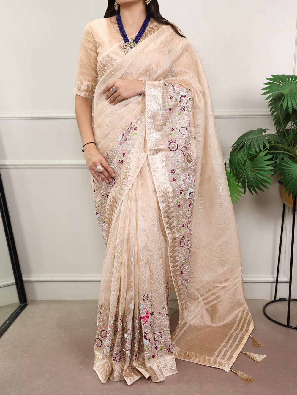 Cream Color Embroidery Beads Work Zari Kota Tissue Saree