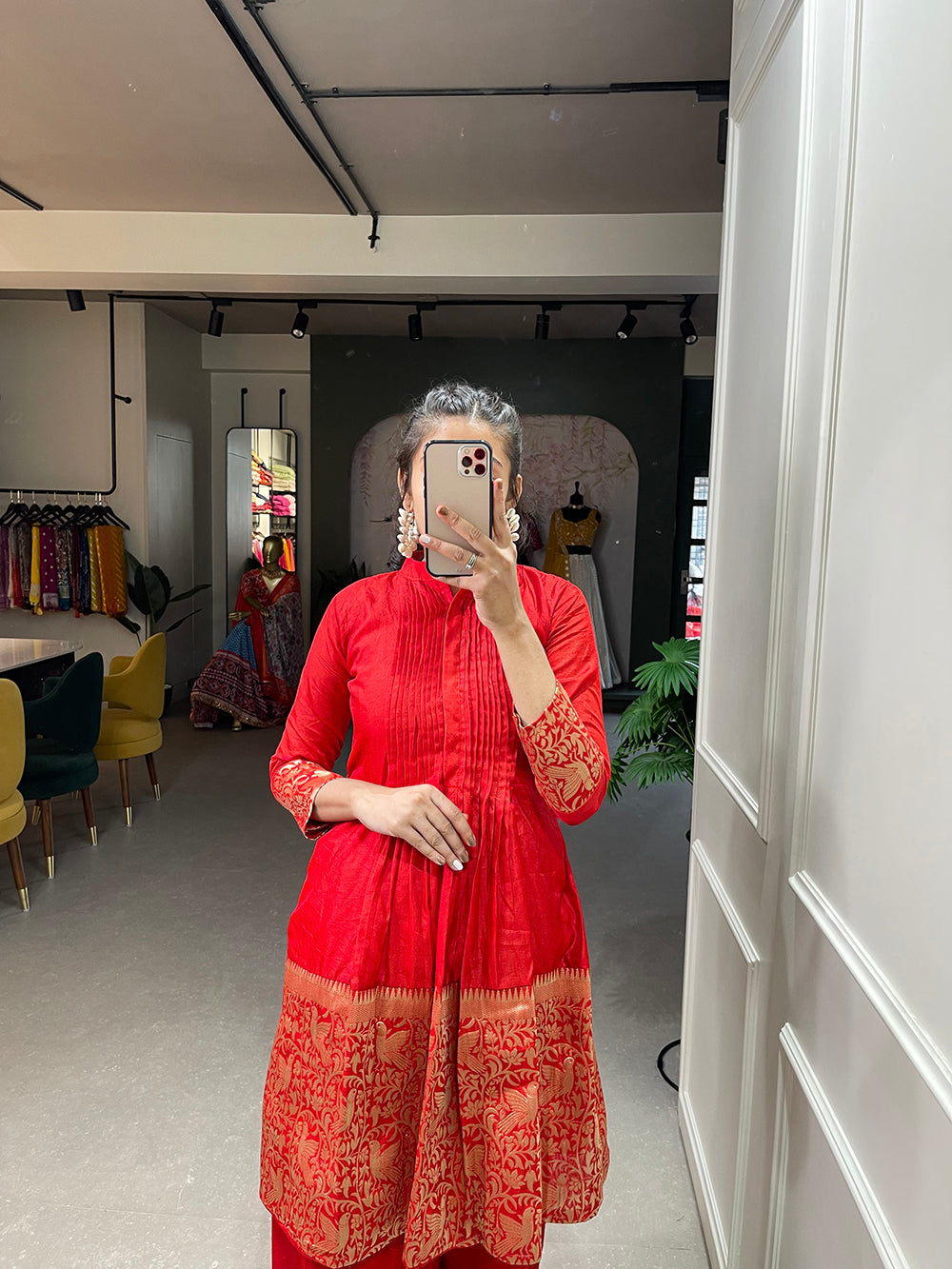 Red Color Zari Weaving Work With Dyeing Silk Kurti Plaza Set