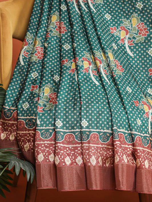 Firozi Color Digital Printed Handloom Kotha Border Saree