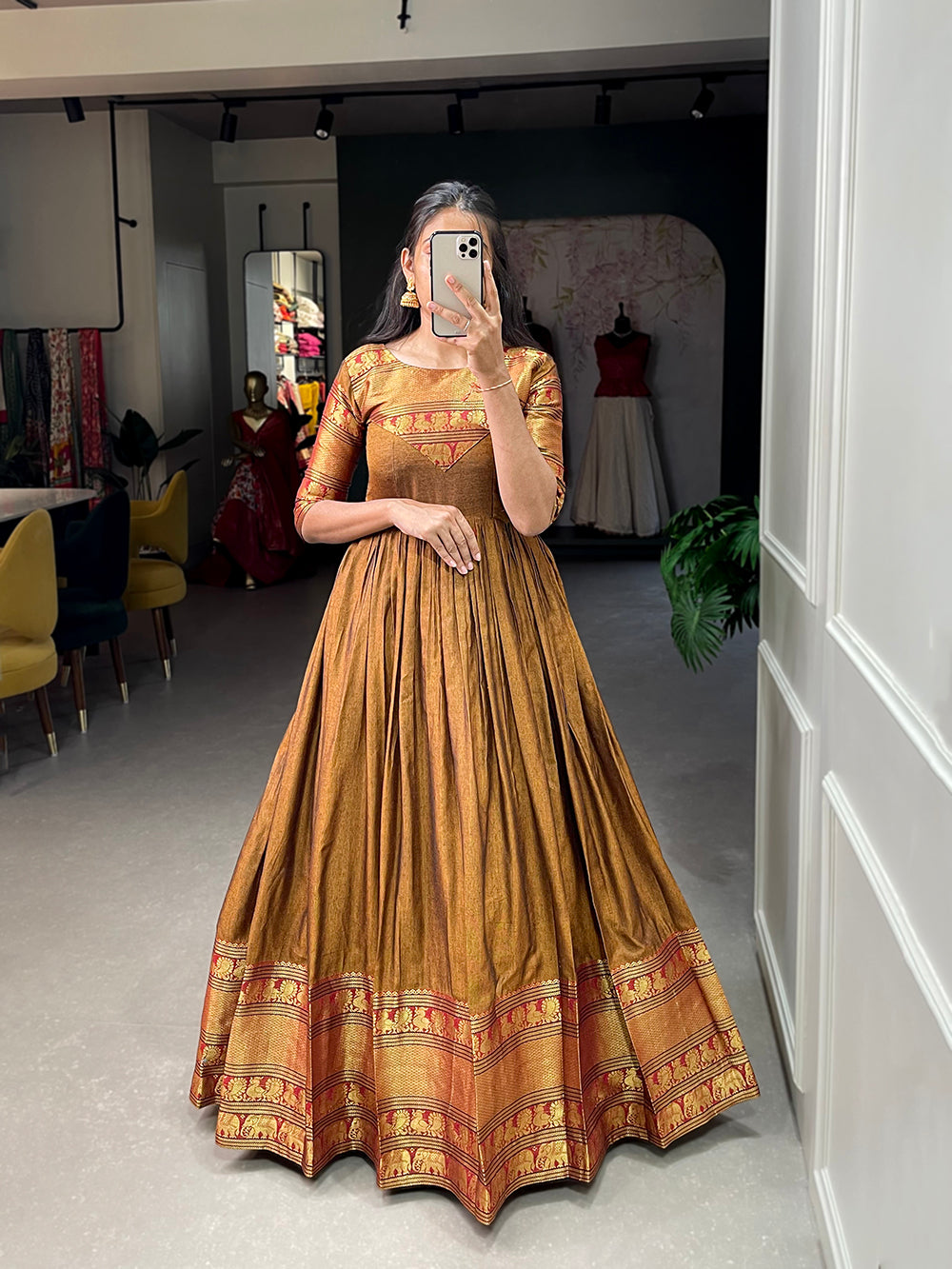 Mustard Color Zari Weaving Work Narayan Pet (Cotton) Dress