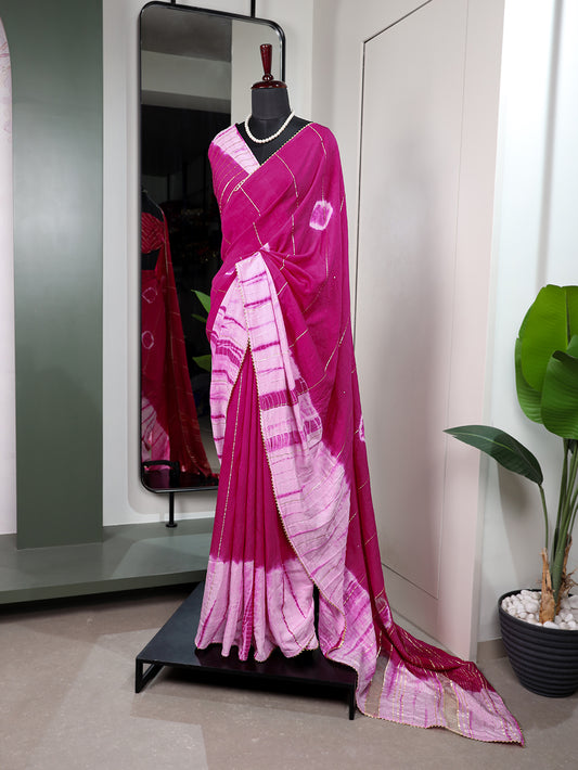 Pink Color Sequins With Zari Line And Gota Patti Lace Border Viscose Chanderi Saree