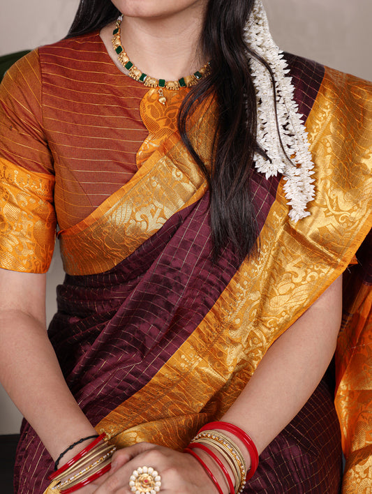 Brown Color Chex With zari Weaving Work Poly Cotton Saree