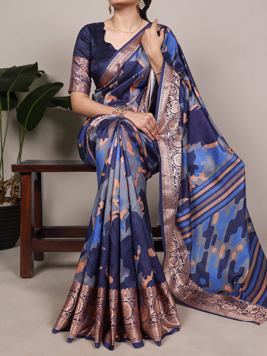 Blue Color Tasar Silk Printed Saree