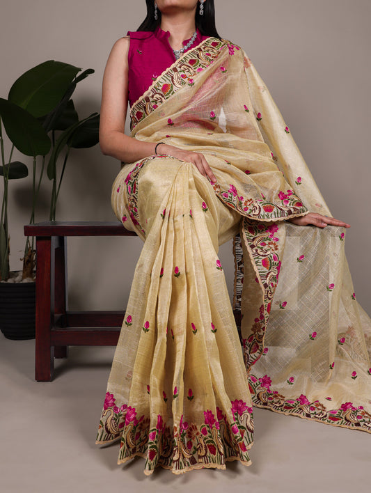Gold Color Thread Embroidery Work Zari Kota Tissue Saree