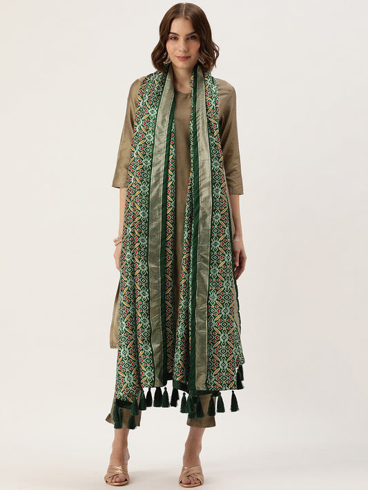 Green Color Patola Print With Foil Work Also Comes With Tassels Tussar Silk Dupatta