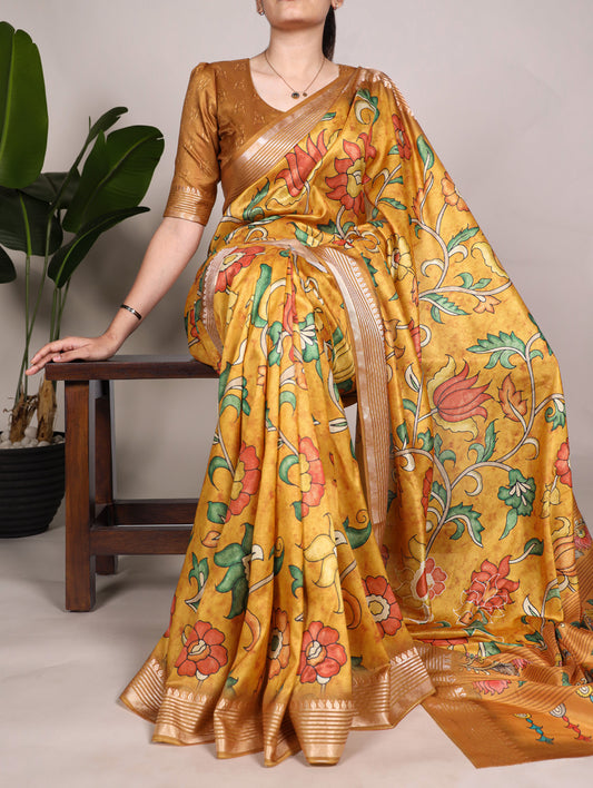 Mustard Color Printed Tussar Silk With Viscose Border Saree