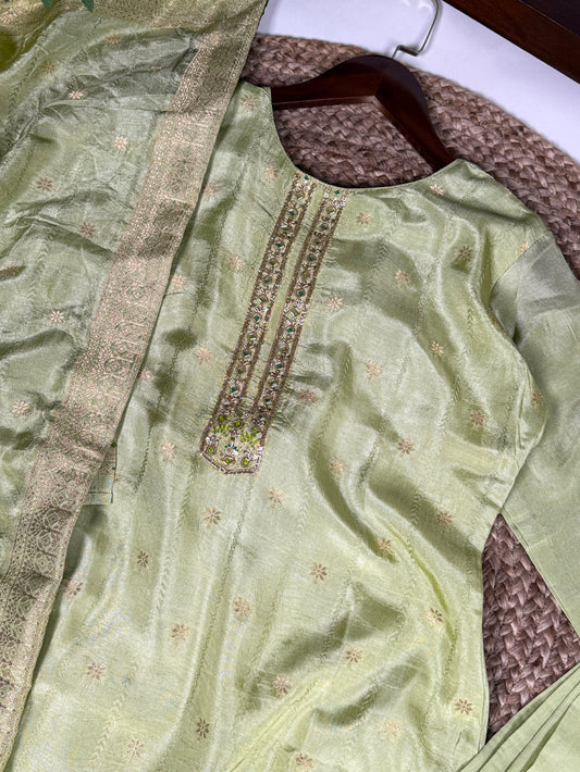 Pista Color Hand Work And Zari Weaving Work Viscose Salwar Kameez