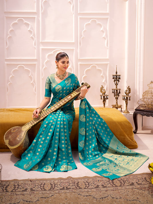 Firozi Color Zari Weaving Work Roop Silk Saree