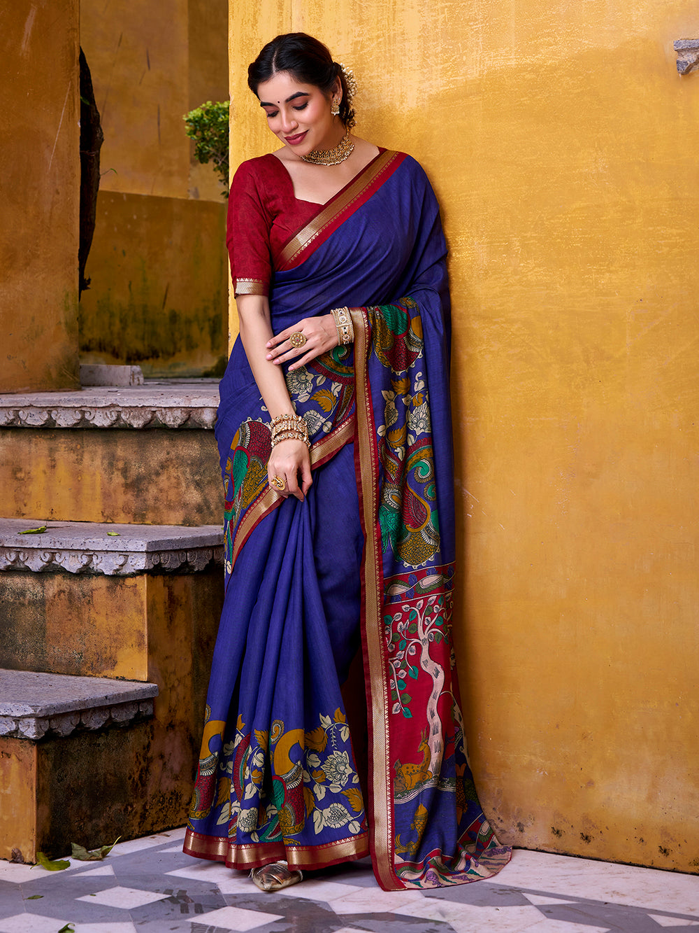 Blue Color Kalamkari Print With Zari Weaving Work Polyester Viscose Chanderi Saree