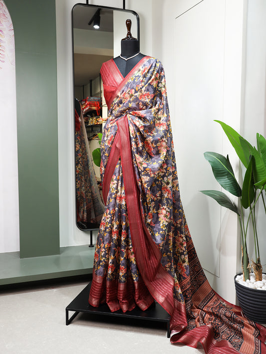 Red Color Printed With Sequins And Zari Work Border Dola Silk Saree