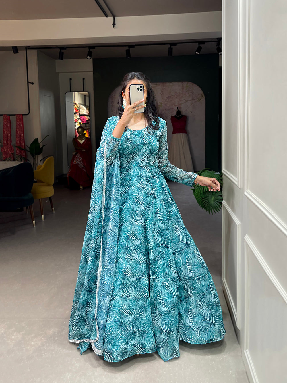 Teal Color Floral Print Silver Chiffon Dress