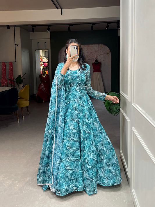 Teal Color Floral Print Silver Chiffon Dress