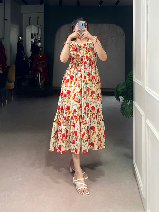 Red Color Floral Printed Maslin Silk Fancy Dress