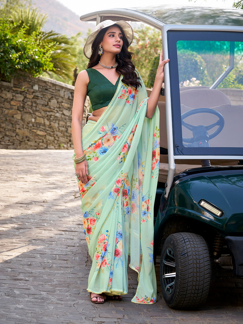 Pista Color Floral Printed And Pearl Lace Border Weightless Marbal Saree