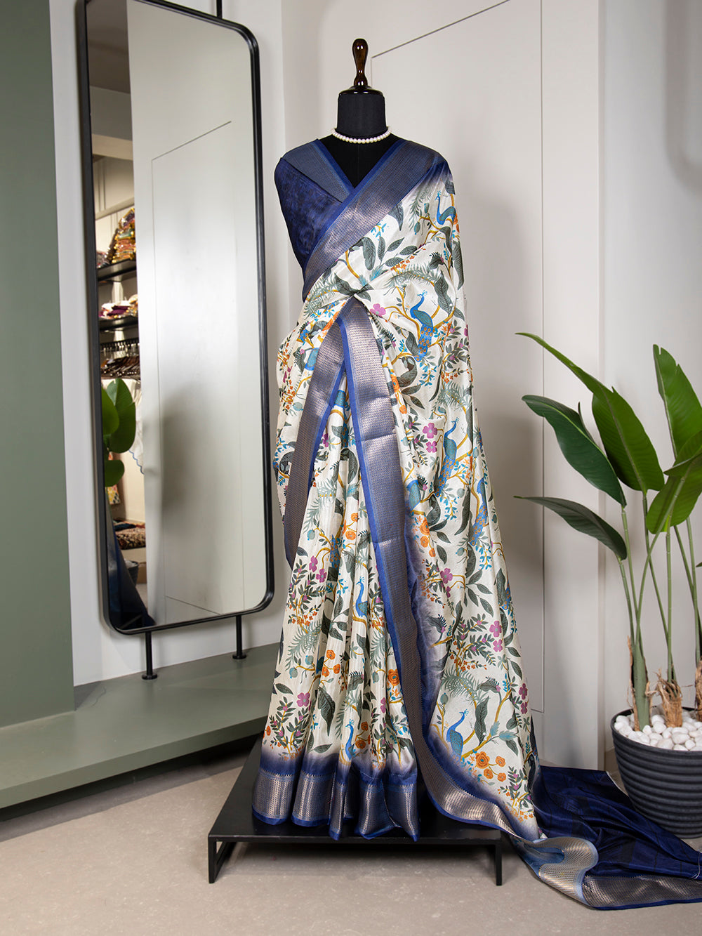 White Color Printed With Zari Border Dola Silk Saree