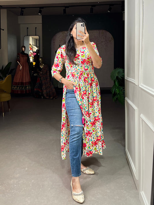 White Color Foil and Printed Rayon Cotton Dress
