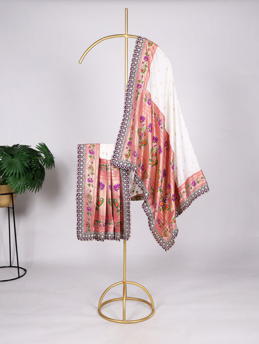 White Color Weaving Zari Work With Sequins And Embroidery Lace Jacquard Silk Dupatta