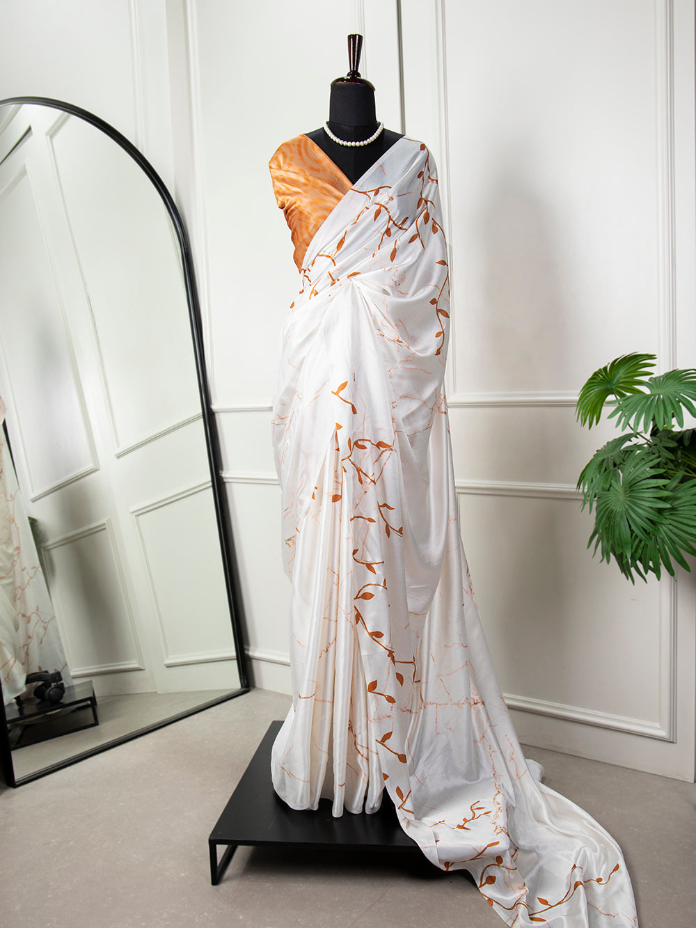 White Color Digital Print Embellished With Foil Work Satin Silk Saree
