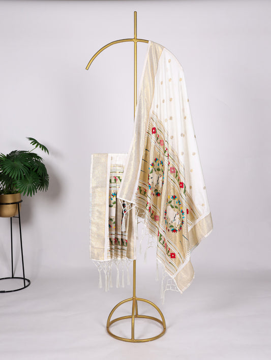 White Color Weaving Zari Work Jacquard Silk With Paithani Dupatta