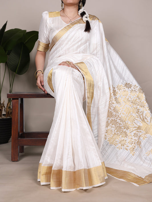 White Color Zari weaving Work Raw Silk Saree