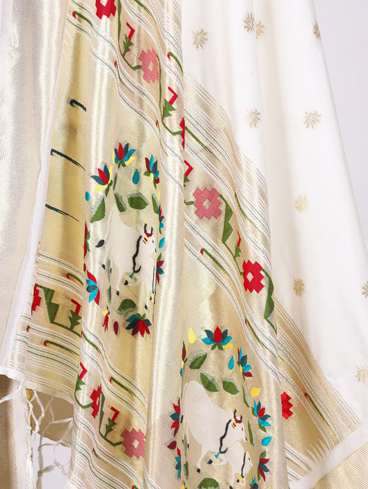White Color Weaving Zari Work Jacquard Silk With Paithani Dupatta
