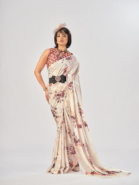 White Color Satin Silk Saree