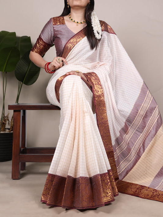 White Color Chex With zari Weaving Work Poly Cotton Saree