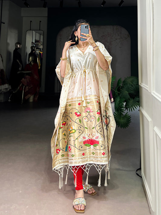 White Color Zari Weaving Work Jacquard Kaftan