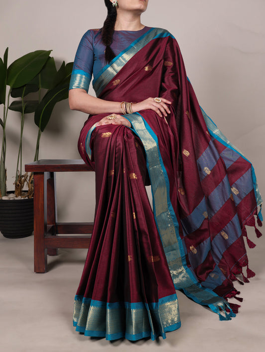 Wine Color Weaving Work With Paithani Concept Cotton Silk Saree
