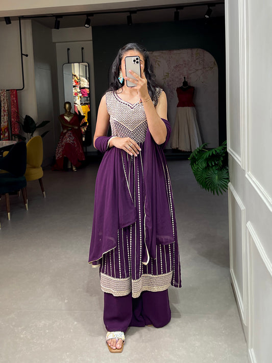 Wine Color Sequins And Thread Embroidery Work Georgette Kurti Plaza Set