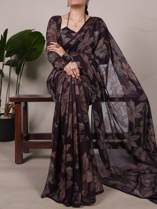 Wine Color Floral Viscose Lurex Brasso Saree